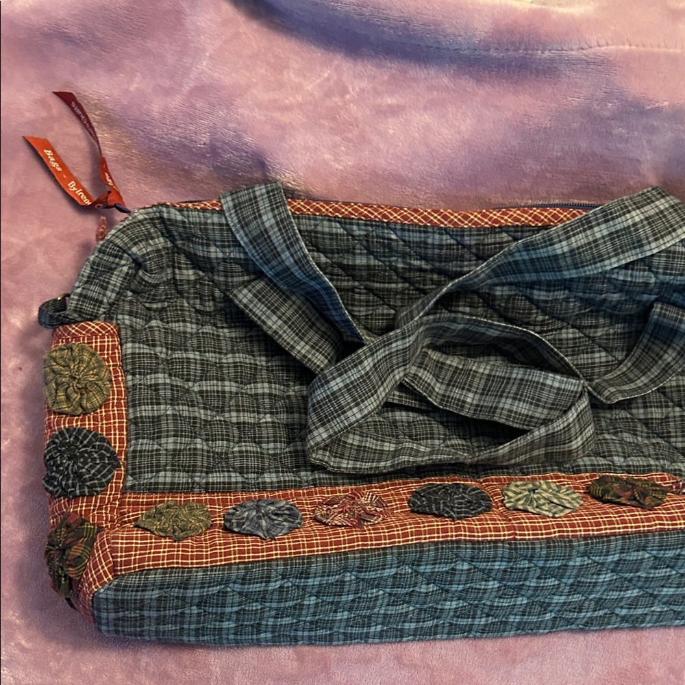 Plaid Quilted overnight duffle travel Bag with Floral Accents